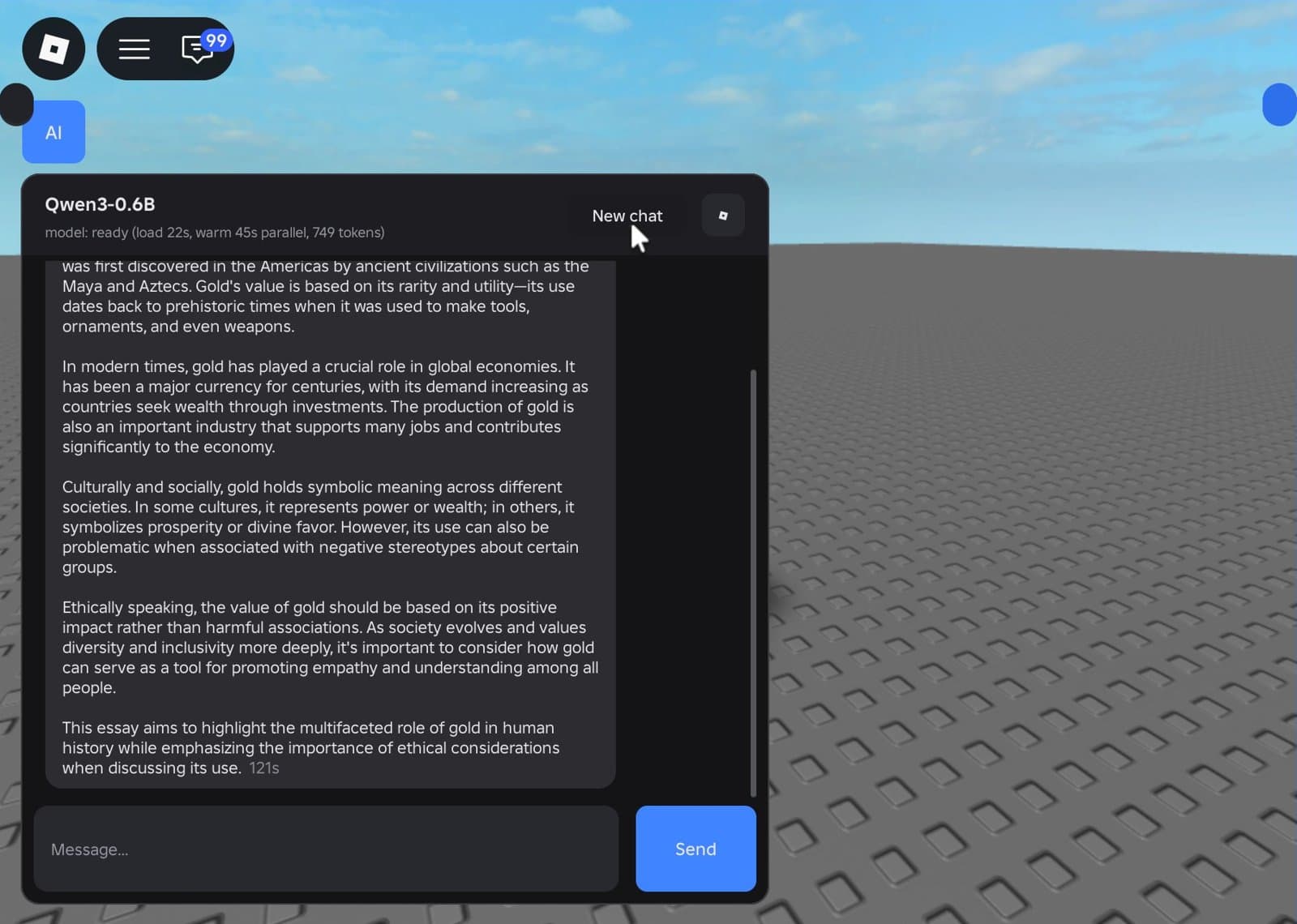 Roblox playtest with a dark chat panel titled Qwen3-0.6B showing a long reply about the history of gold